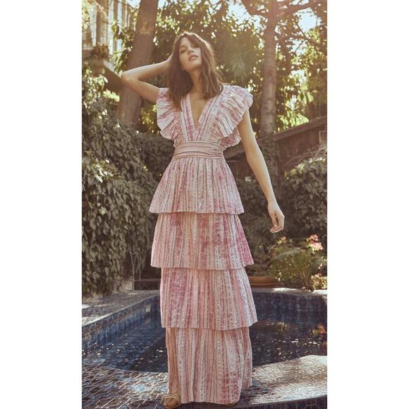 SAYLOR Dresses & Skirts - Saylor Stephania Tiered Maxi Dress in "Fuchsia" Pink Metallic Size XS